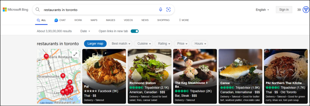 Restaurants in Toronto Bing SERP