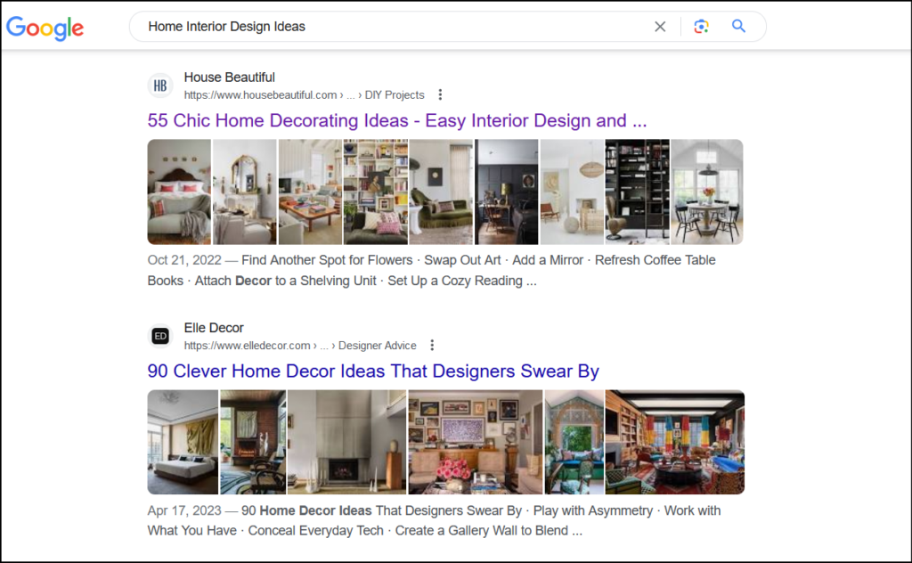 Interior Design Google SERP